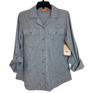 Reel Legends Small Linen & Cotton Trooper Gray Adj. Long Sleeve Button Up Top